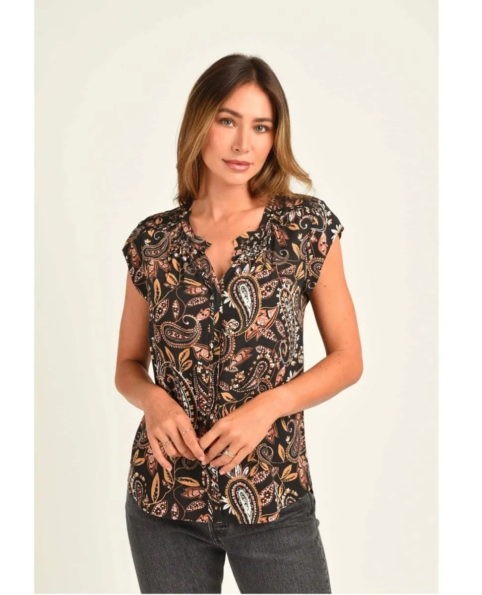 Hazel Smocked Top with Split V-Neck Black