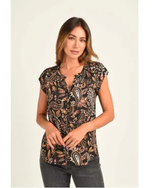 Hazel Smocked Top with Split V-Neck Black