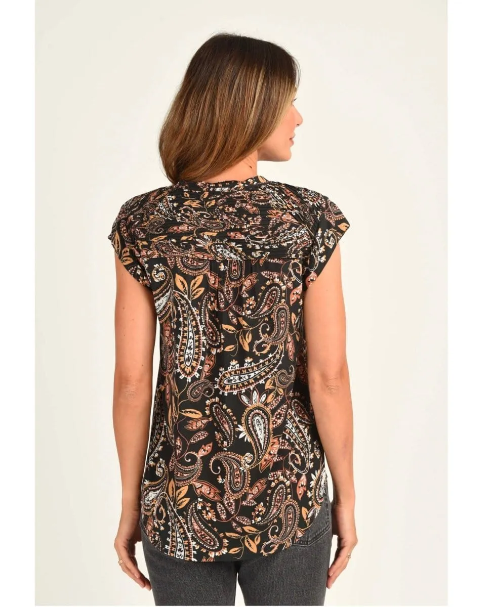 Hazel Smocked Top with Split V-Neck Black