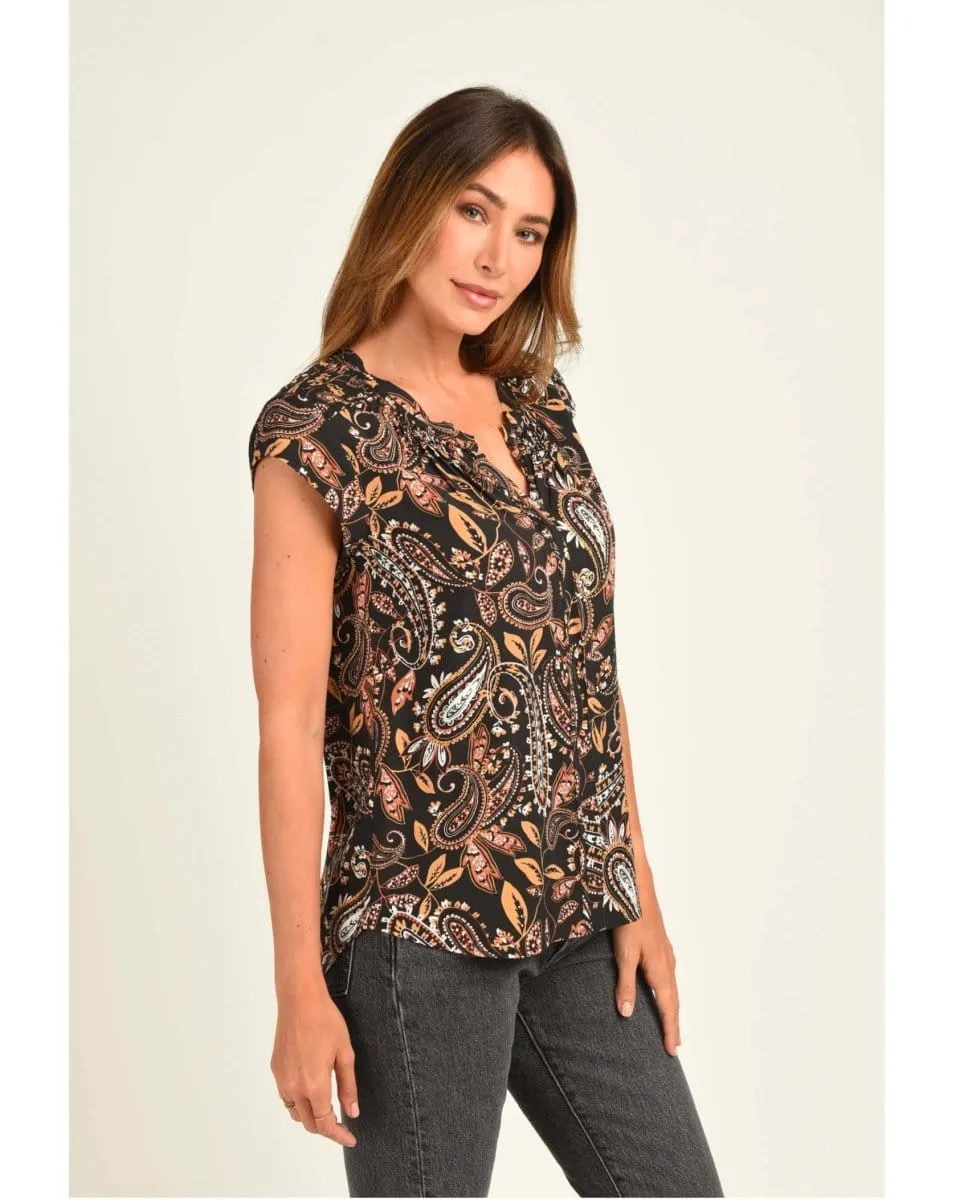 Hazel Smocked Top with Split V-Neck Black