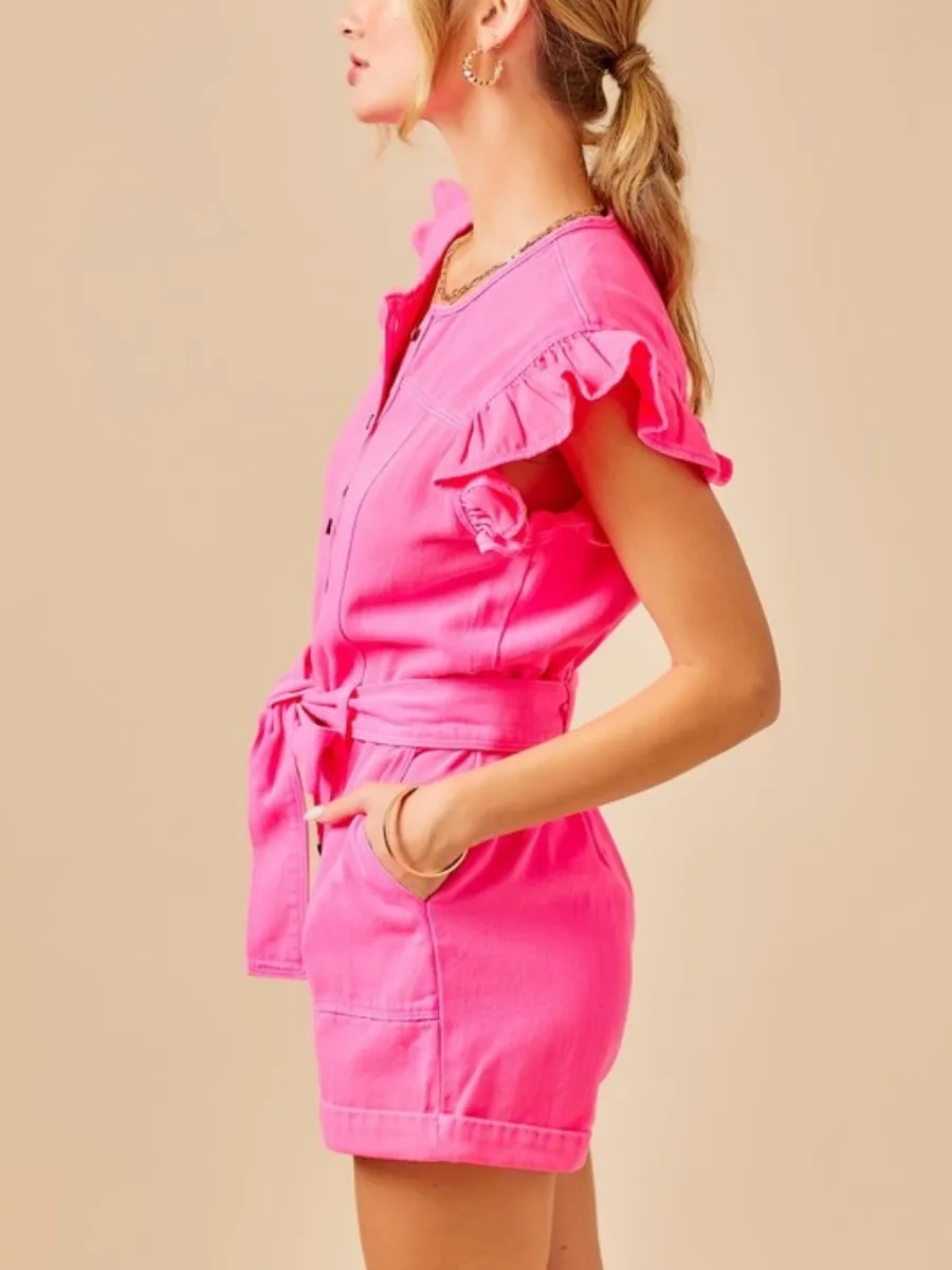 HOUSTON POCKETED BUTTON DOWN DENIM ROMPER - PINK