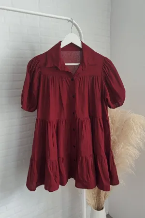 JULES Button-down Tiered Mini Dress (Merlot Red)