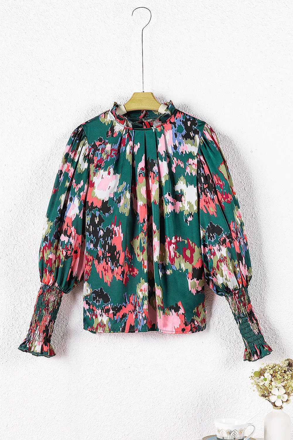 KaleaBoutique Abstract Print Smocked Cuffs Frilled Neck Blouse