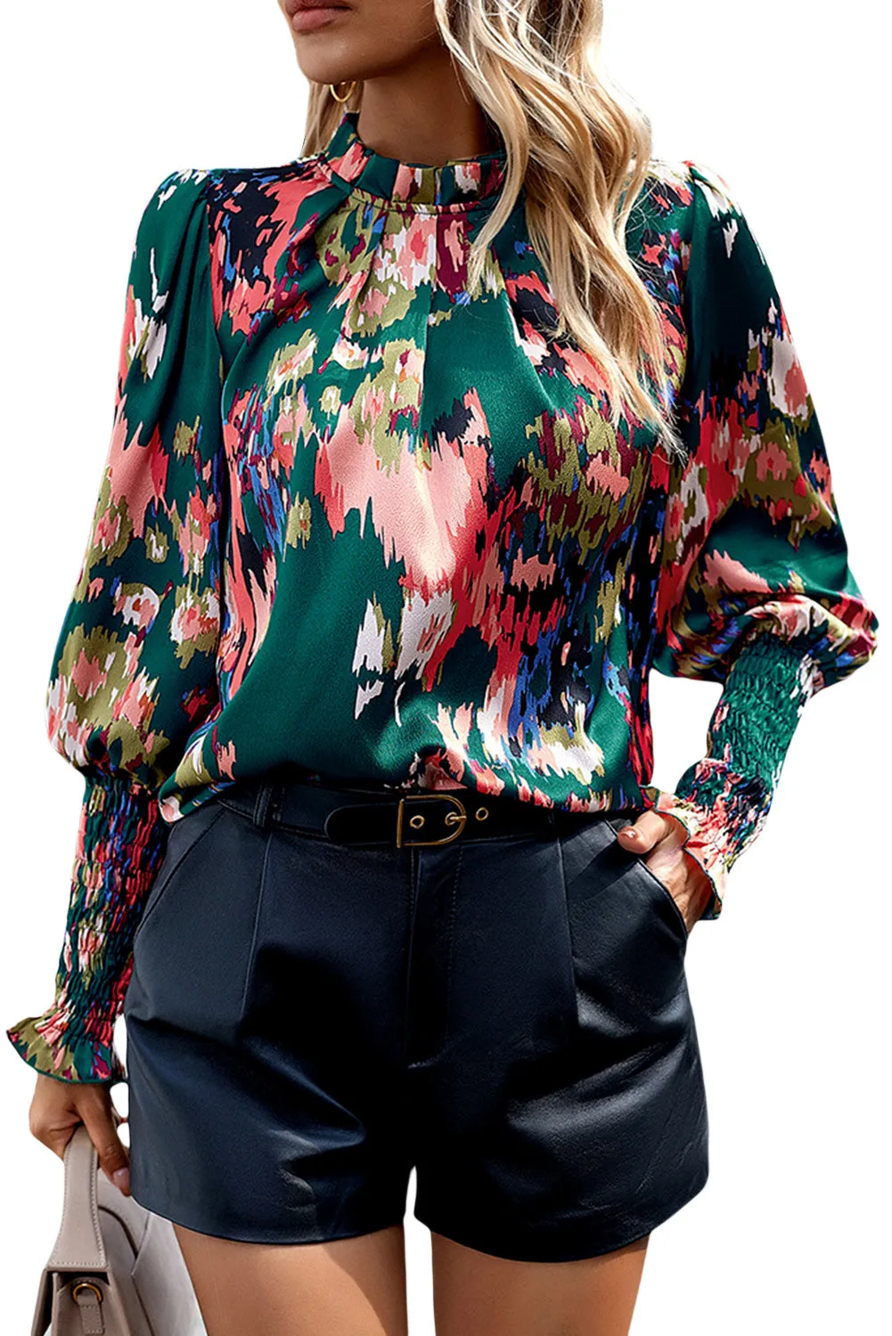 KaleaBoutique Abstract Print Smocked Cuffs Frilled Neck Blouse