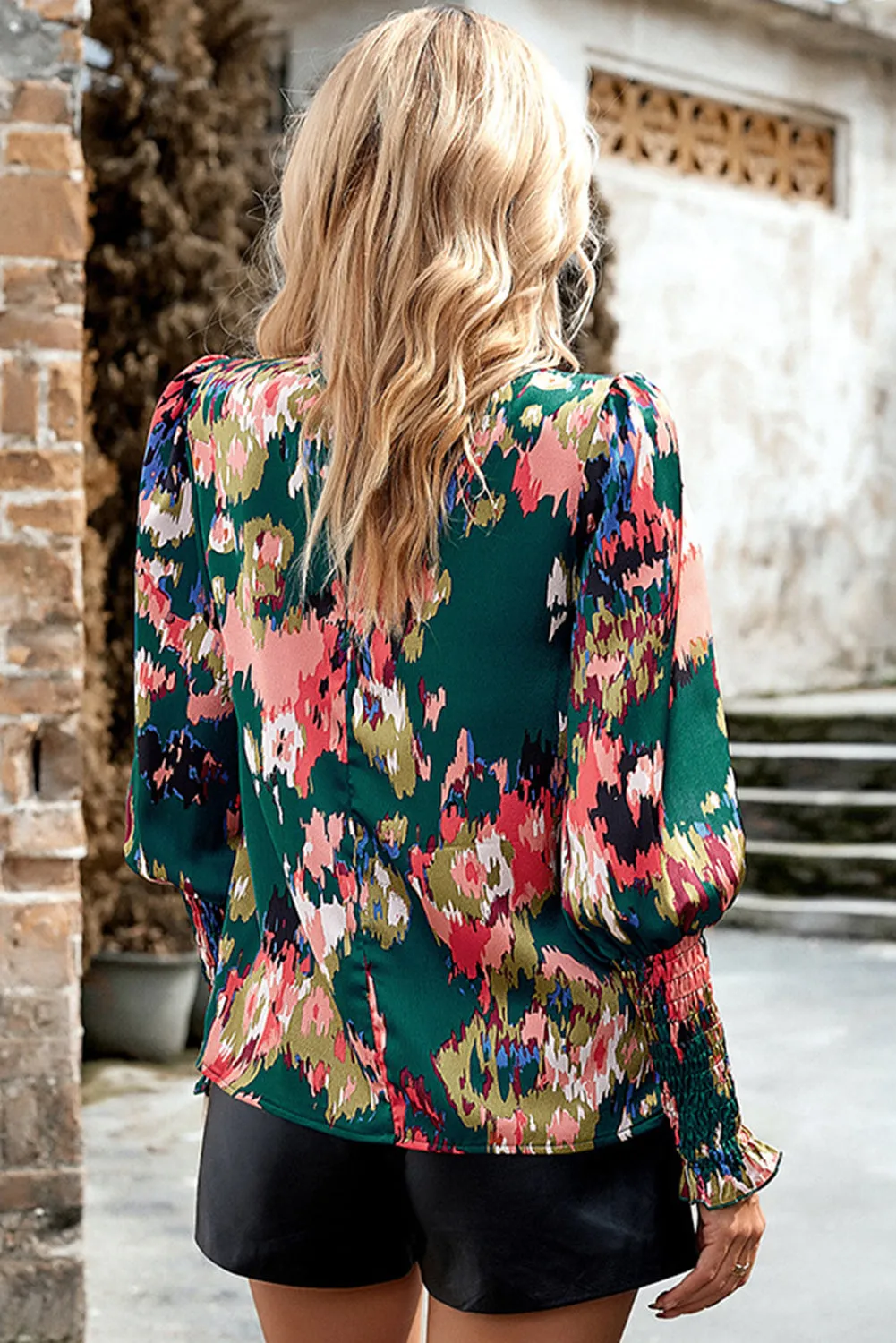 KaleaBoutique Abstract Print Smocked Cuffs Frilled Neck Blouse