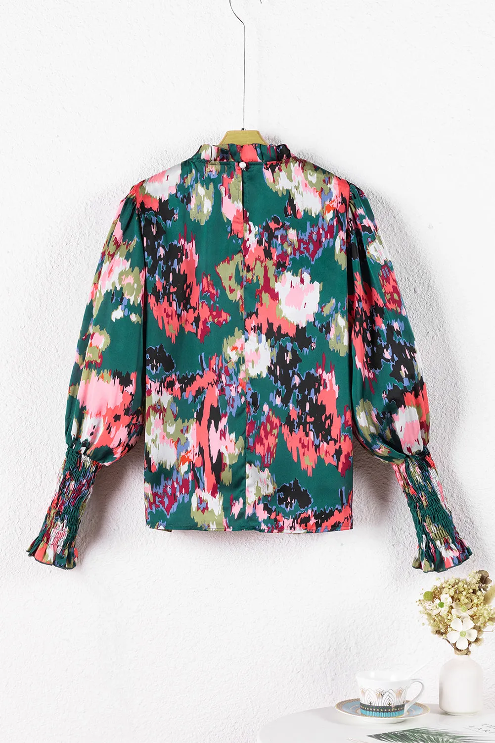 KaleaBoutique Abstract Print Smocked Cuffs Frilled Neck Blouse