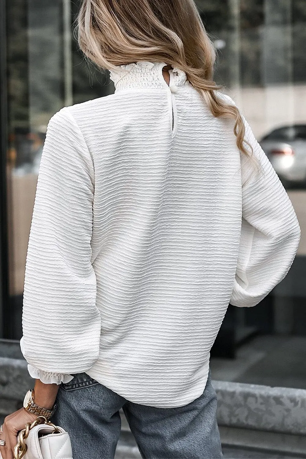 KaleaBoutique Frilled Smocked Neck Textured Bishop Sleeve Blouse