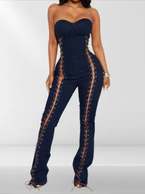 Lace Up Detail Denim Jumpsuit