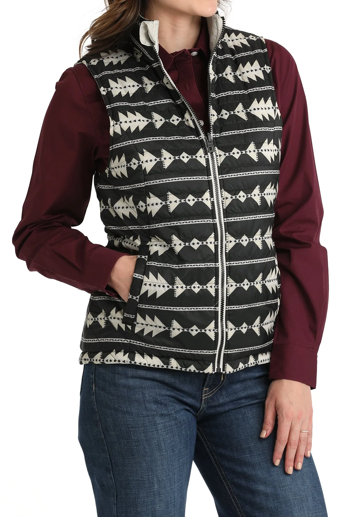 LADIES GREY PRINT REVERSIBLE QUILTED VEST