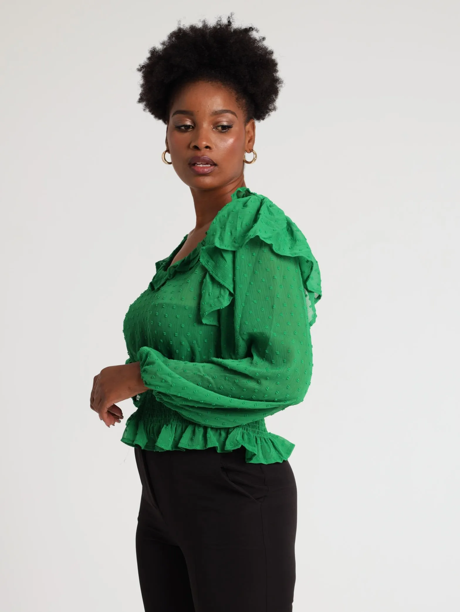 Ladies Smocked Frilly Swiss Dot Blouse - Green