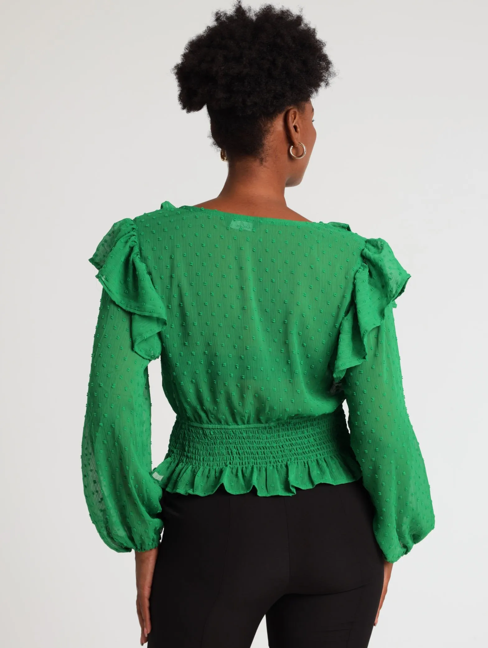 Ladies Smocked Frilly Swiss Dot Blouse - Green