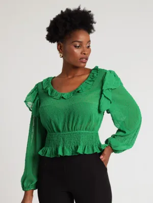 Ladies Smocked Frilly Swiss Dot Blouse - Green