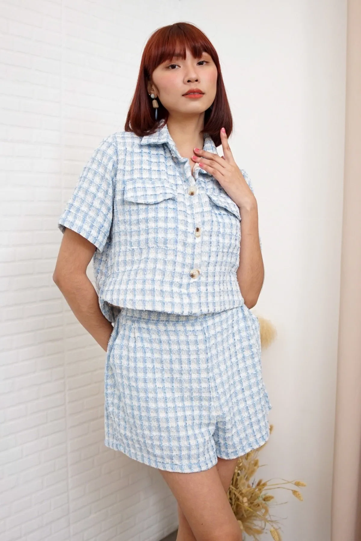 LEIGHTON Front-Pocket Tweed Blazer Top & Shorts Co-ord (Powder Blue)