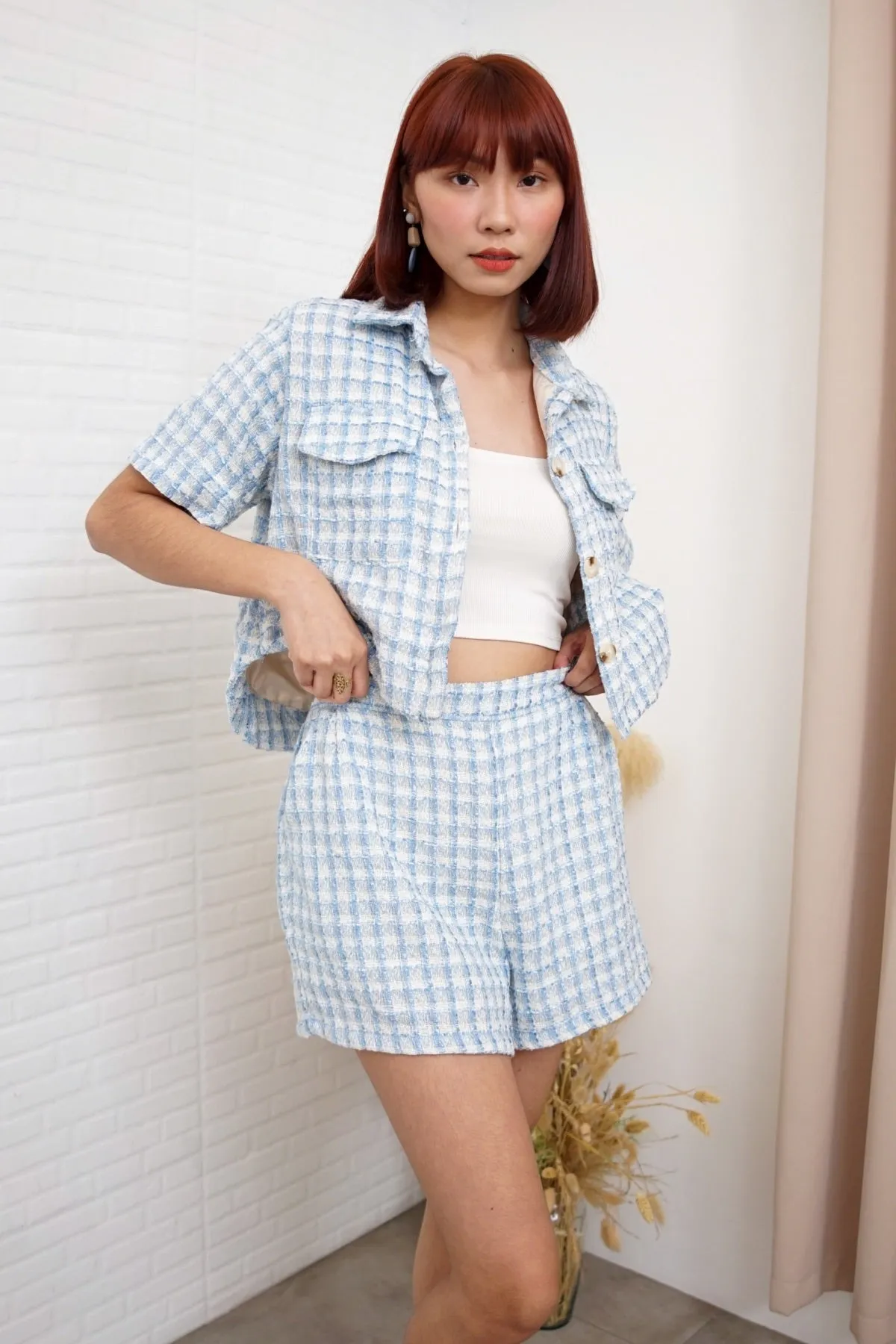 LEIGHTON Front-Pocket Tweed Blazer Top & Shorts Co-ord (Powder Blue)