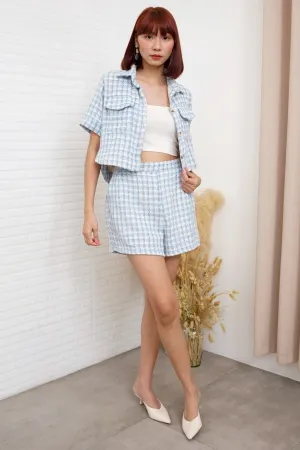 LEIGHTON Front-Pocket Tweed Blazer Top & Shorts Co-ord (Powder Blue)