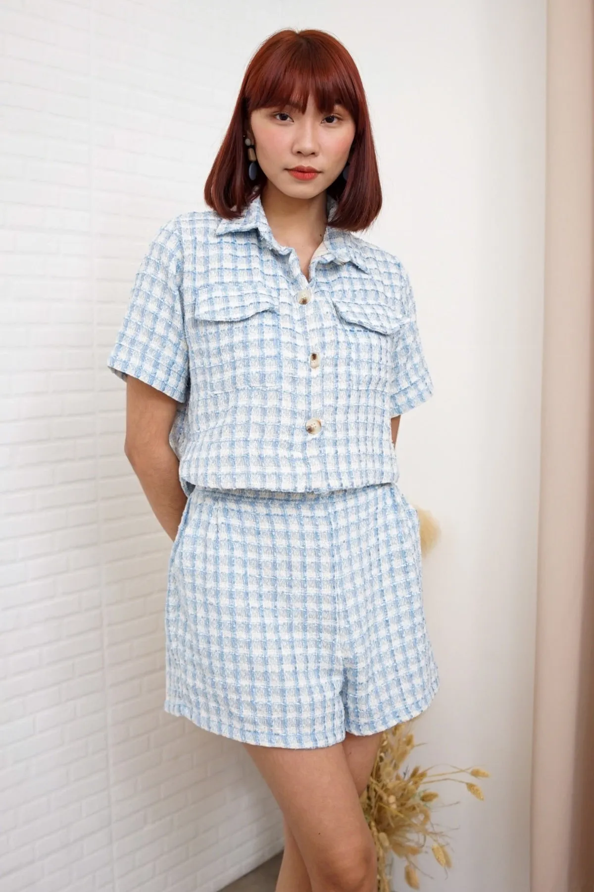 LEIGHTON Front-Pocket Tweed Blazer Top & Shorts Co-ord (Powder Blue)