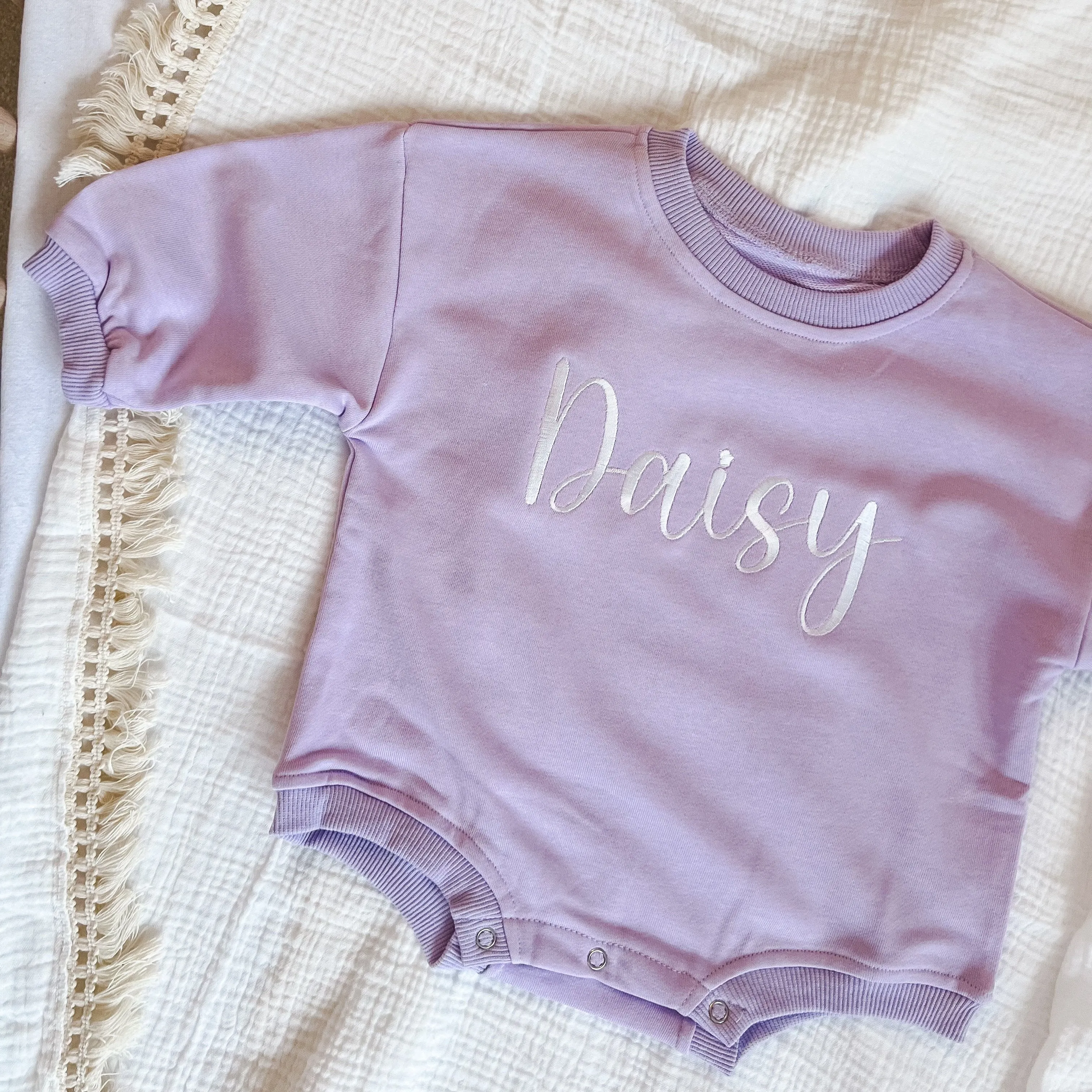 Lilac Script Name Romper