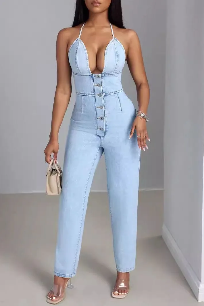 Low-cut Slim One-piece Denim Trousers