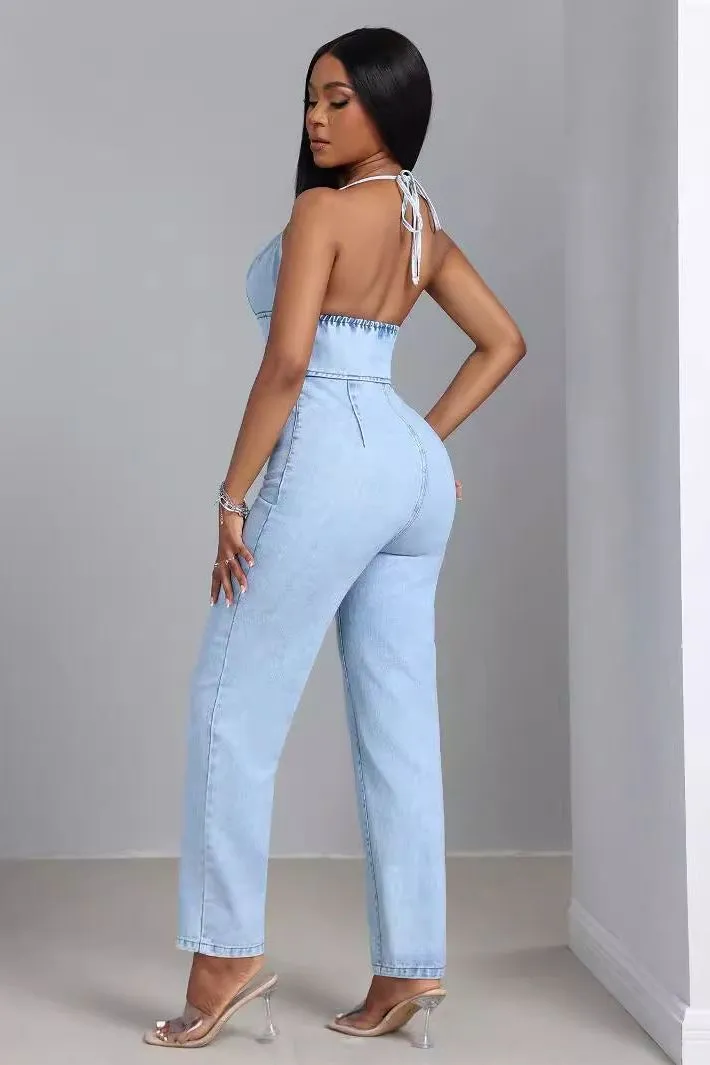 Low-cut Slim One-piece Denim Trousers
