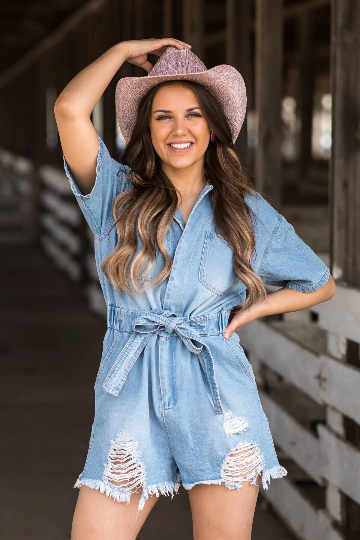 Medium Wash Self Tie Waist Denim Romper