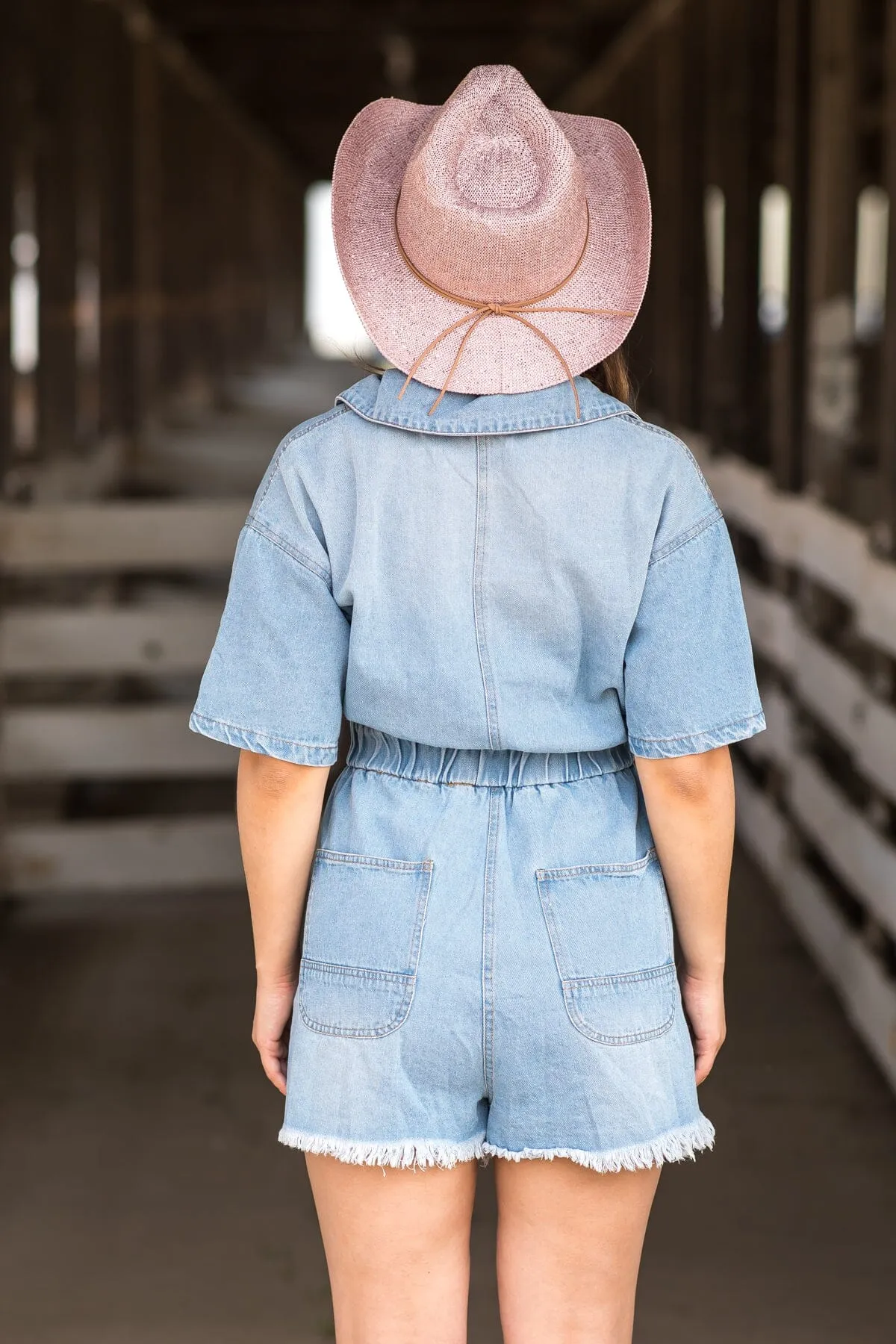 Medium Wash Self Tie Waist Denim Romper