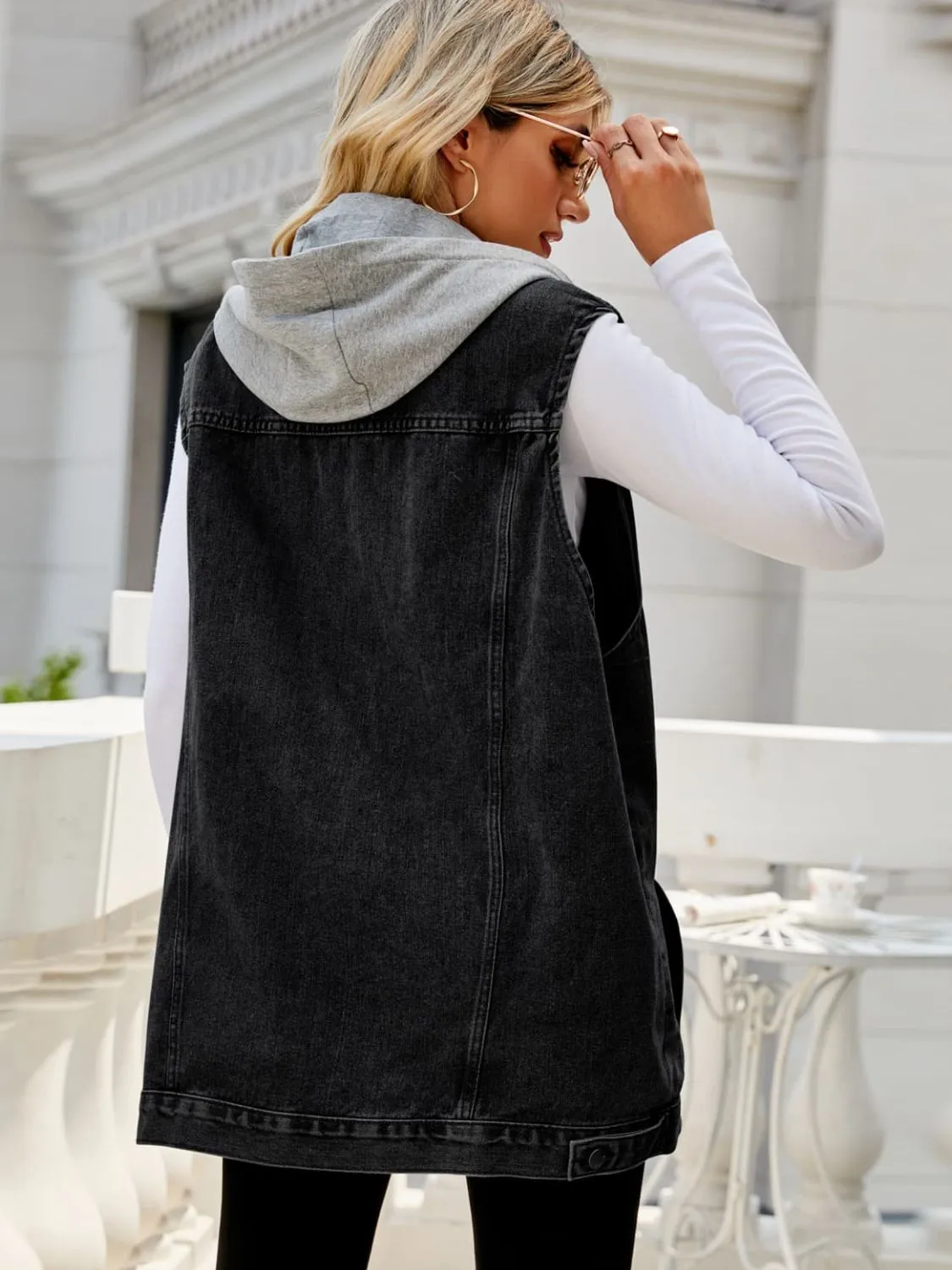 Memphis Drawstring Hooded Sleeveless Denim Top with Pockets