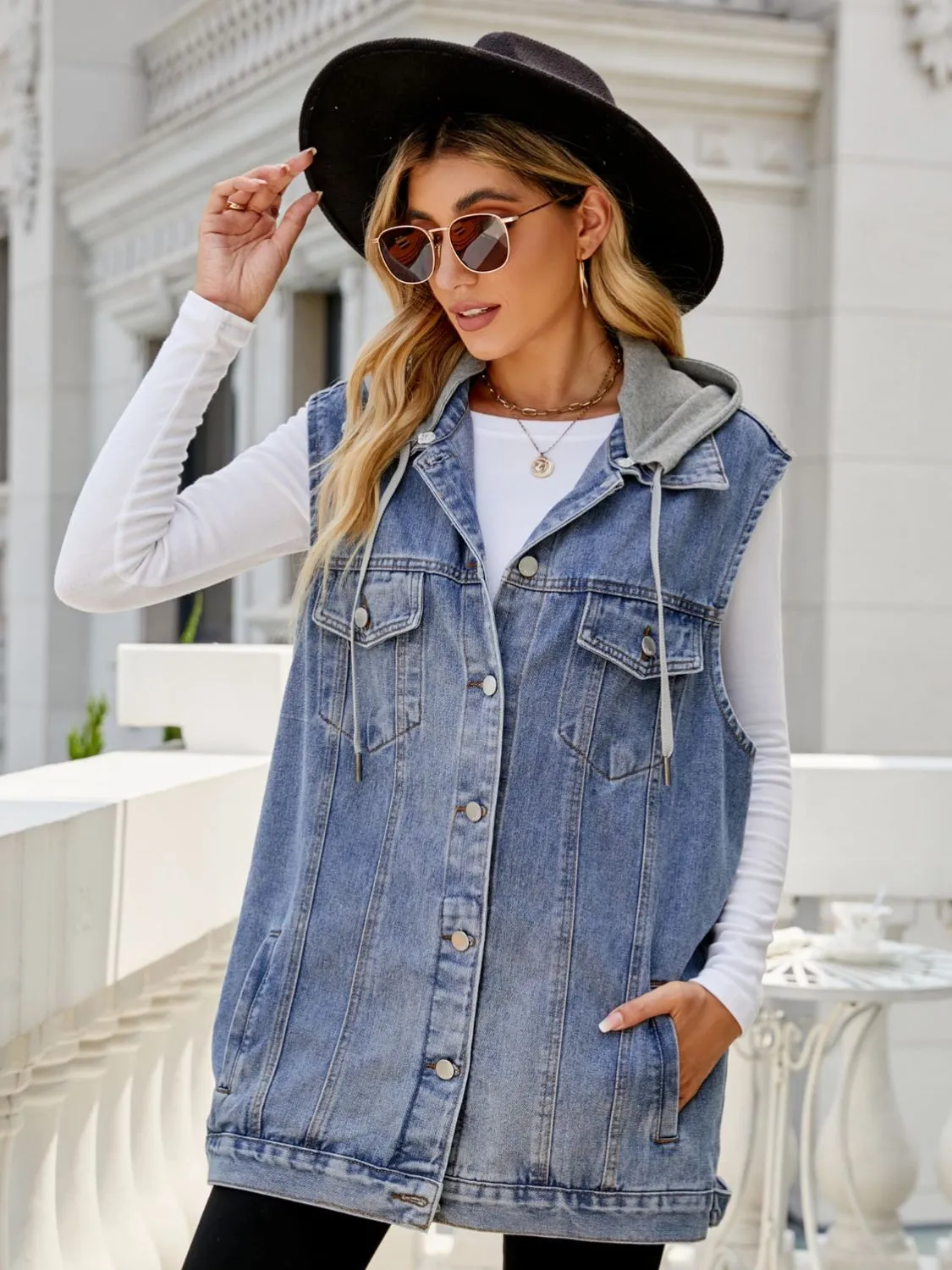 Memphis Drawstring Hooded Sleeveless Denim Top with Pockets