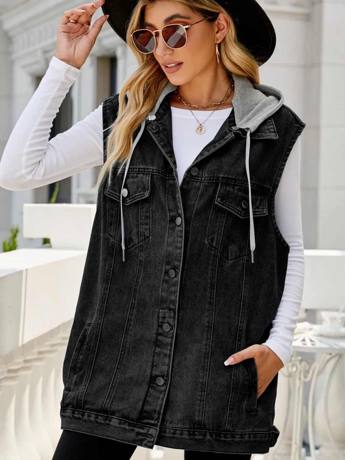 Memphis Drawstring Hooded Sleeveless Denim Top with Pockets