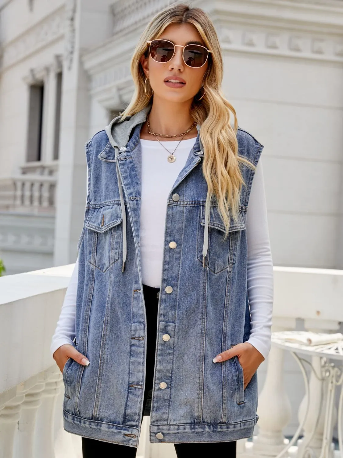 Memphis Drawstring Hooded Sleeveless Denim Top with Pockets