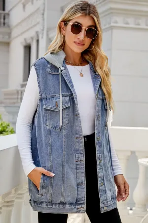 Memphis Drawstring Hooded Sleeveless Denim Top with Pockets