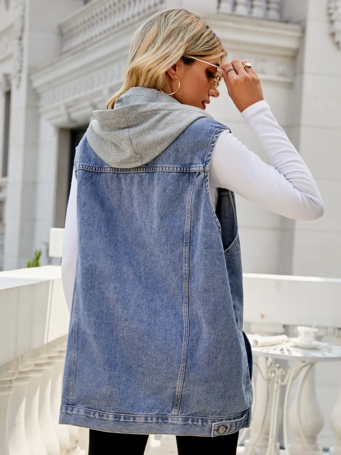 Memphis Drawstring Hooded Sleeveless Denim Top with Pockets