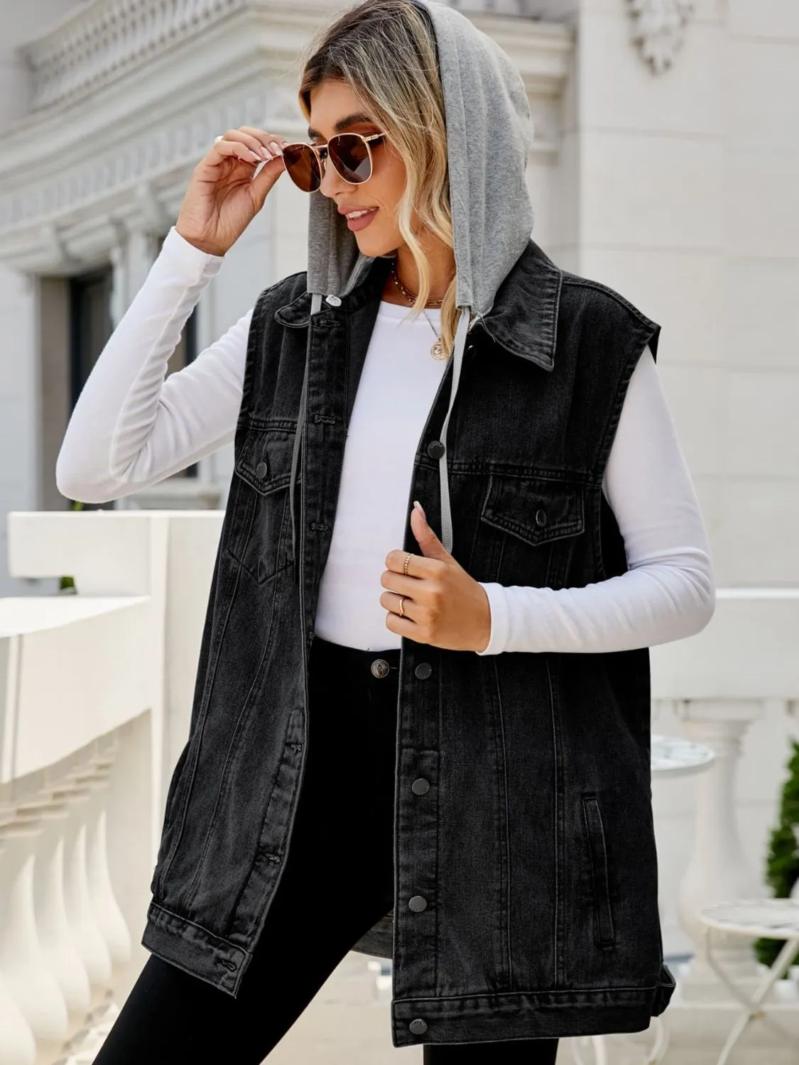 Memphis Drawstring Hooded Sleeveless Denim Top with Pockets