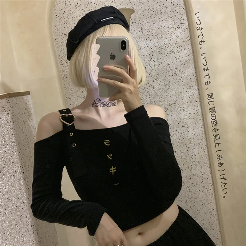 Metal Heart Lovely Punk Japanese Embroidered Long Sleeve Top UB6254