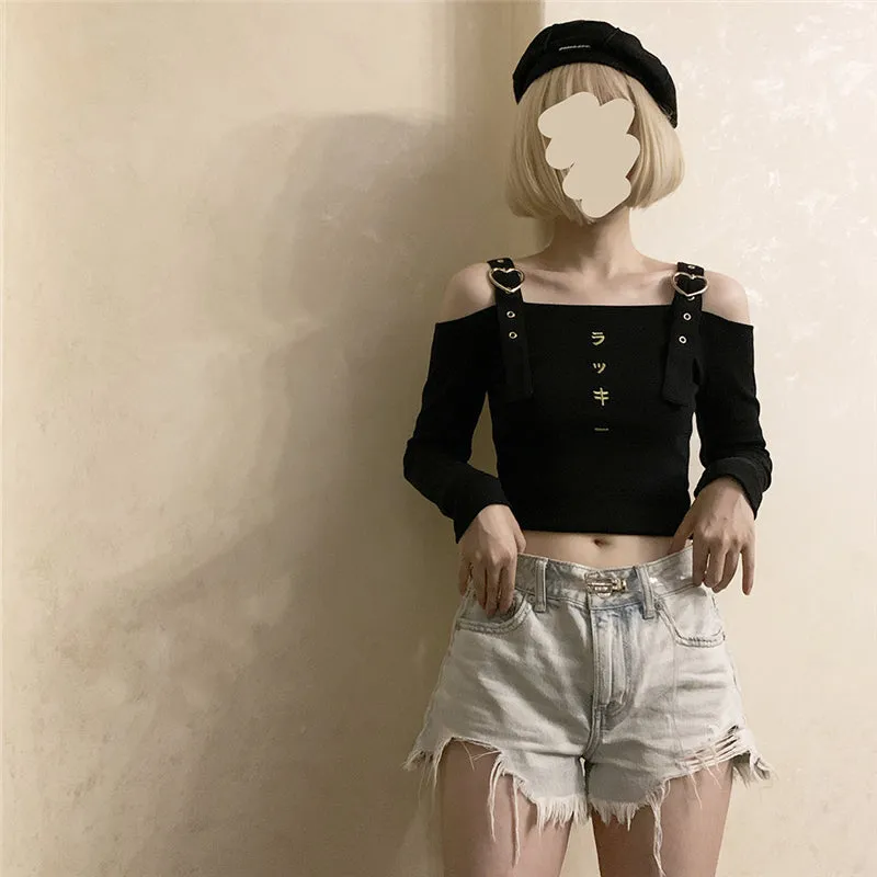 Metal Heart Lovely Punk Japanese Embroidered Long Sleeve Top UB6254