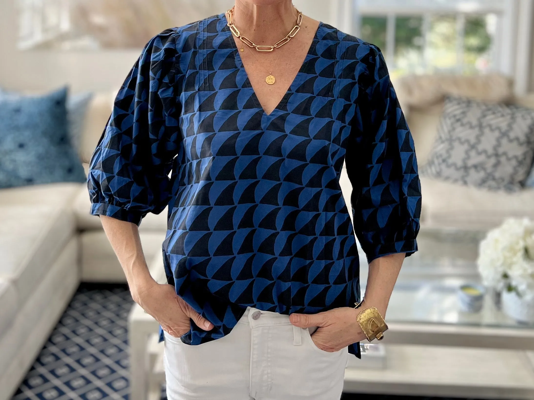 Midnight Shark Puff Sleeve Blouse