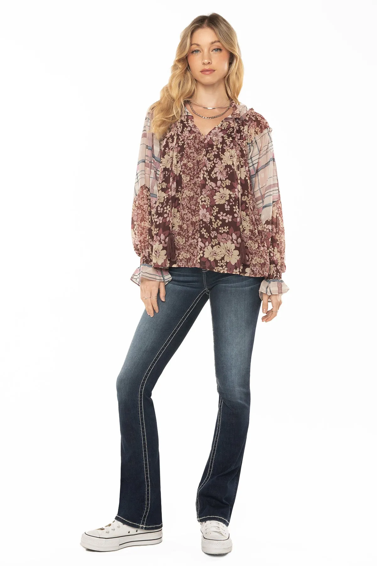 Mixed Pattern Peasant Tie Blouse