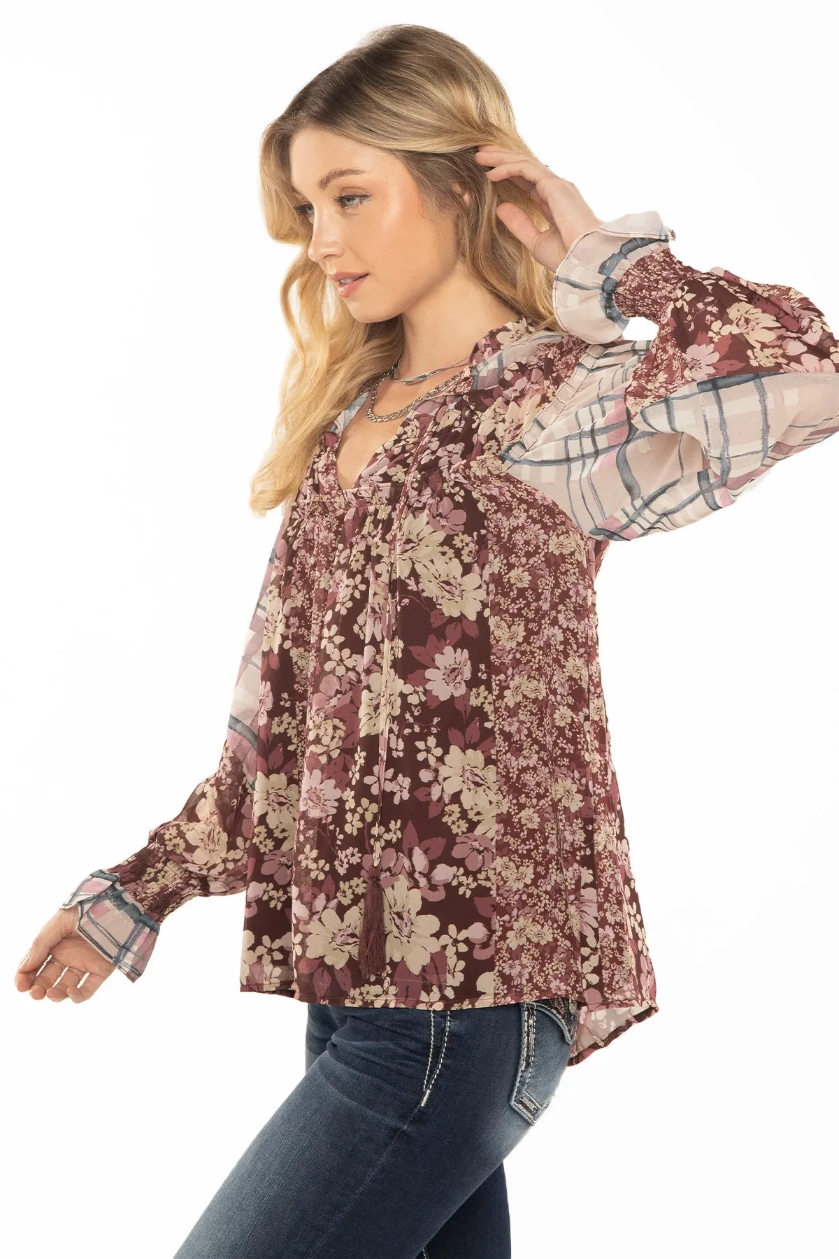 Mixed Pattern Peasant Tie Blouse