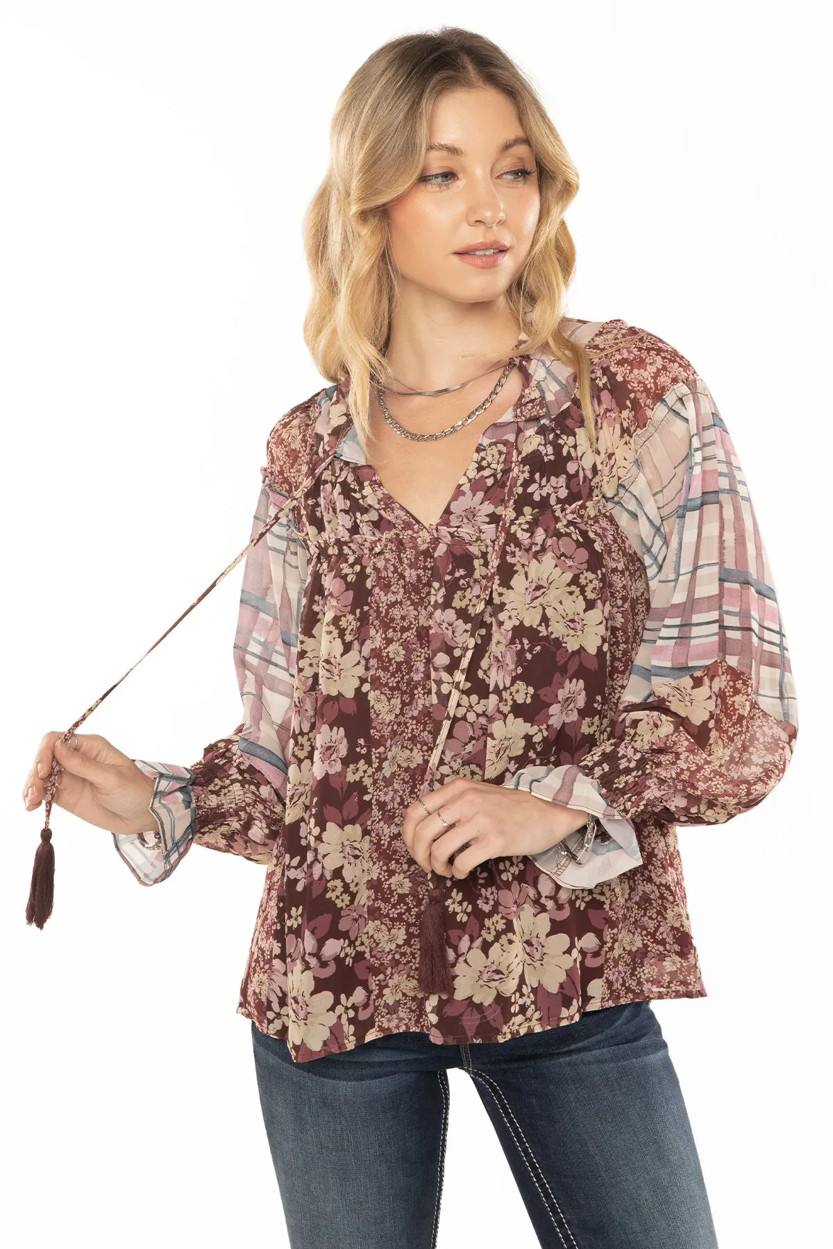 Mixed Pattern Peasant Tie Blouse