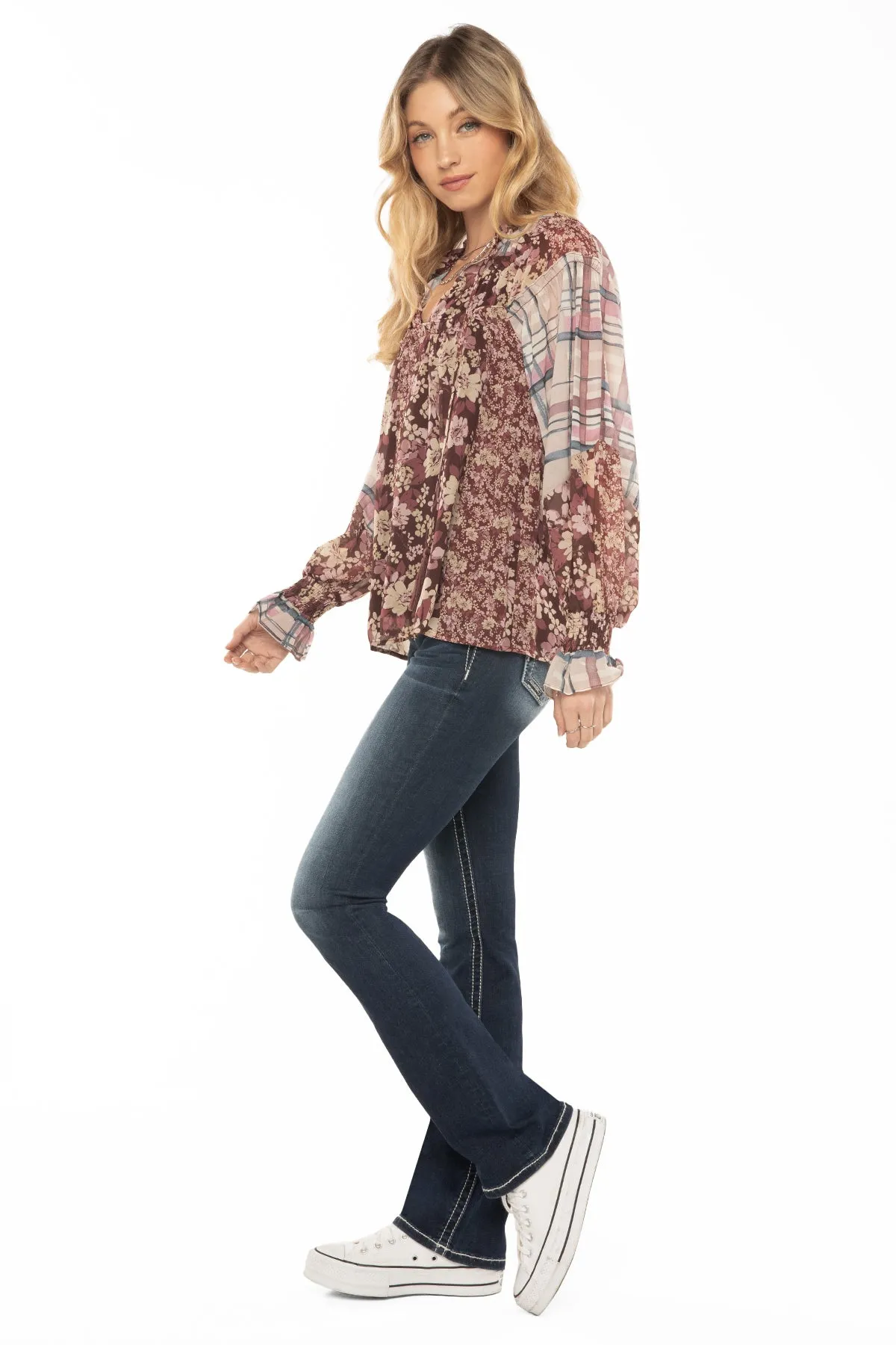 Mixed Pattern Peasant Tie Blouse