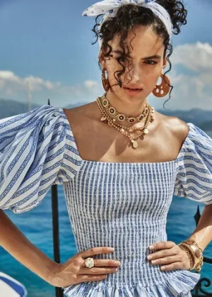 Nora Top (White/Blue Toile Stripe)