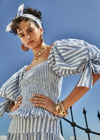 Nora Top (White/Blue Toile Stripe)