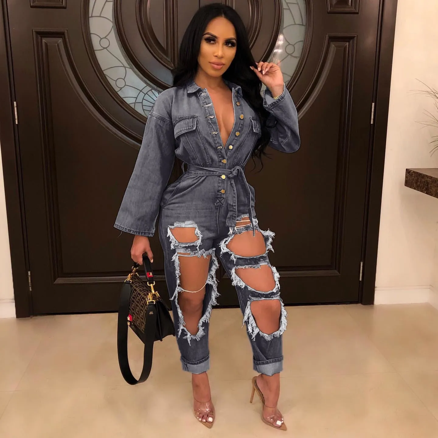 Open-chest Style Fashion Loose Long-sleeved Denim Jumpsuit