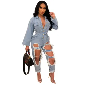 Open-chest Style Fashion Loose Long-sleeved Denim Jumpsuit