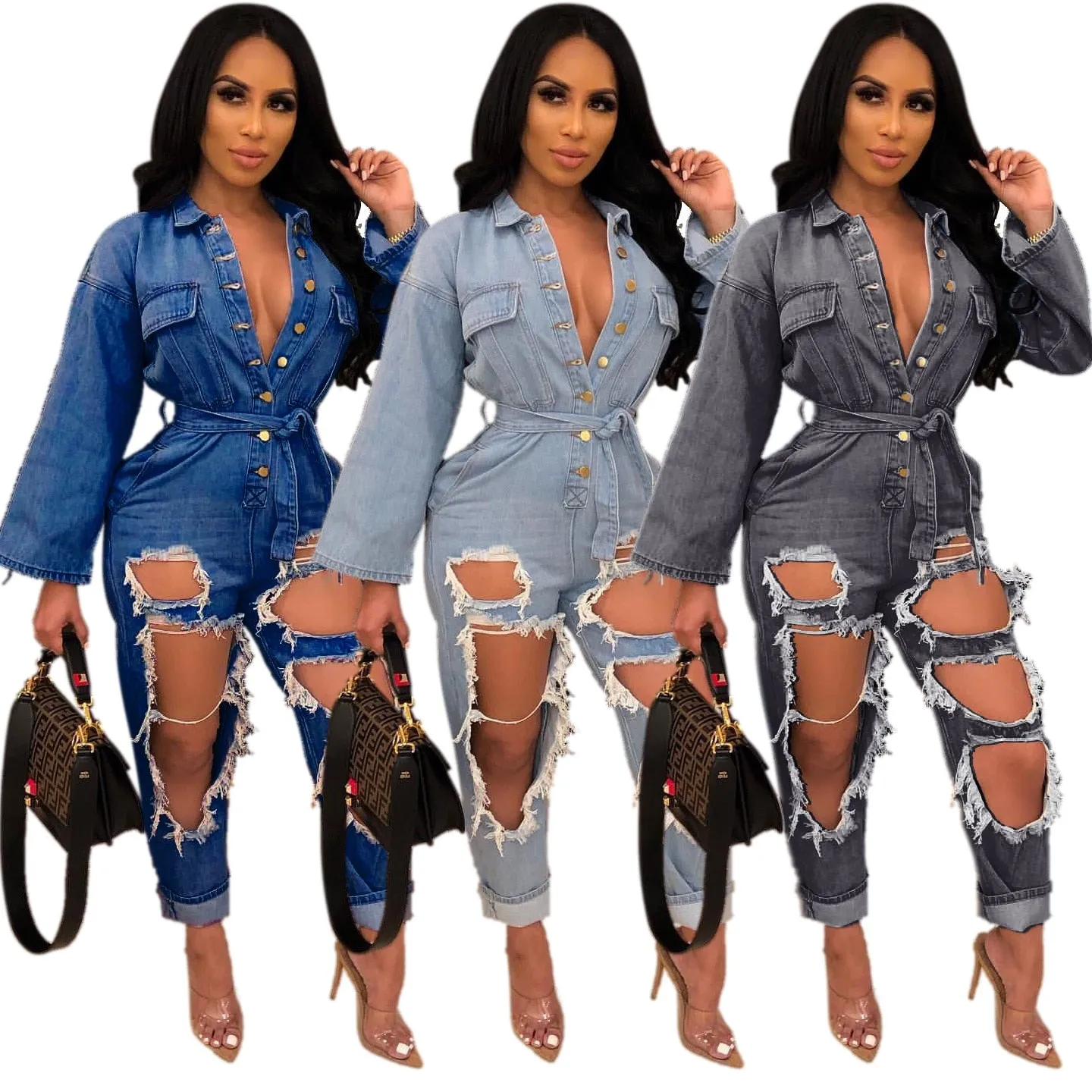 Open-chest Style Fashion Loose Long-sleeved Denim Jumpsuit