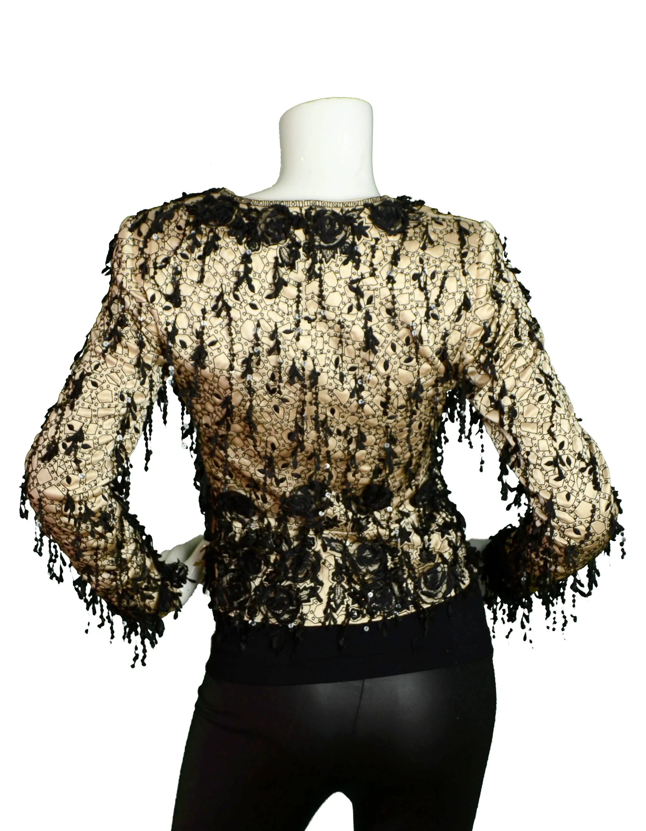 Oscar de la Renta Champagne Silk Embroidered Jacket w/Sequins sz S