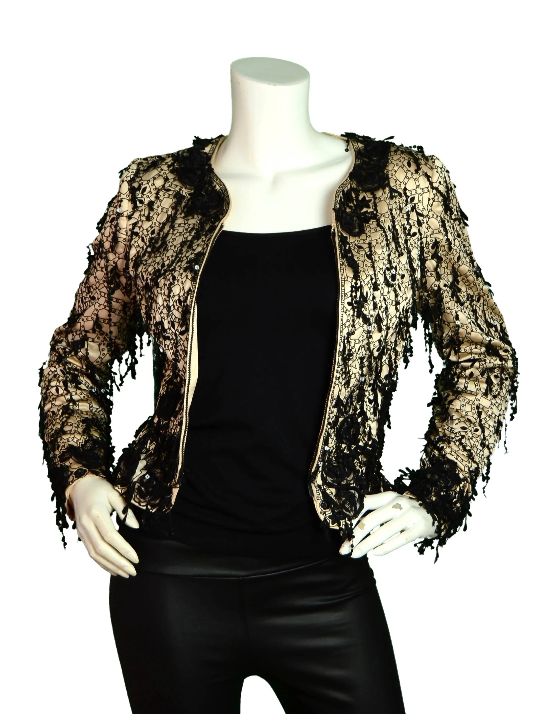 Oscar de la Renta Champagne Silk Embroidered Jacket w/Sequins sz S