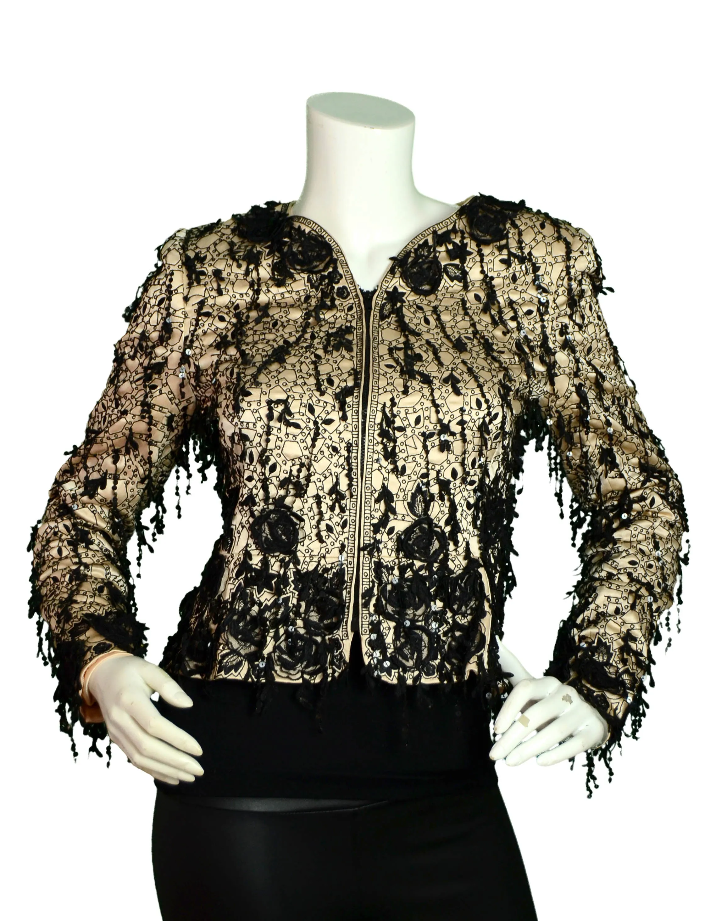 Oscar de la Renta Champagne Silk Embroidered Jacket w/Sequins sz S