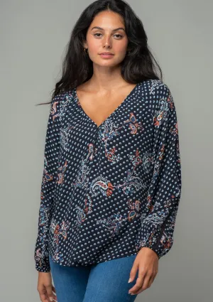 Paisley Dot Long Sleeve V Neck Blouse