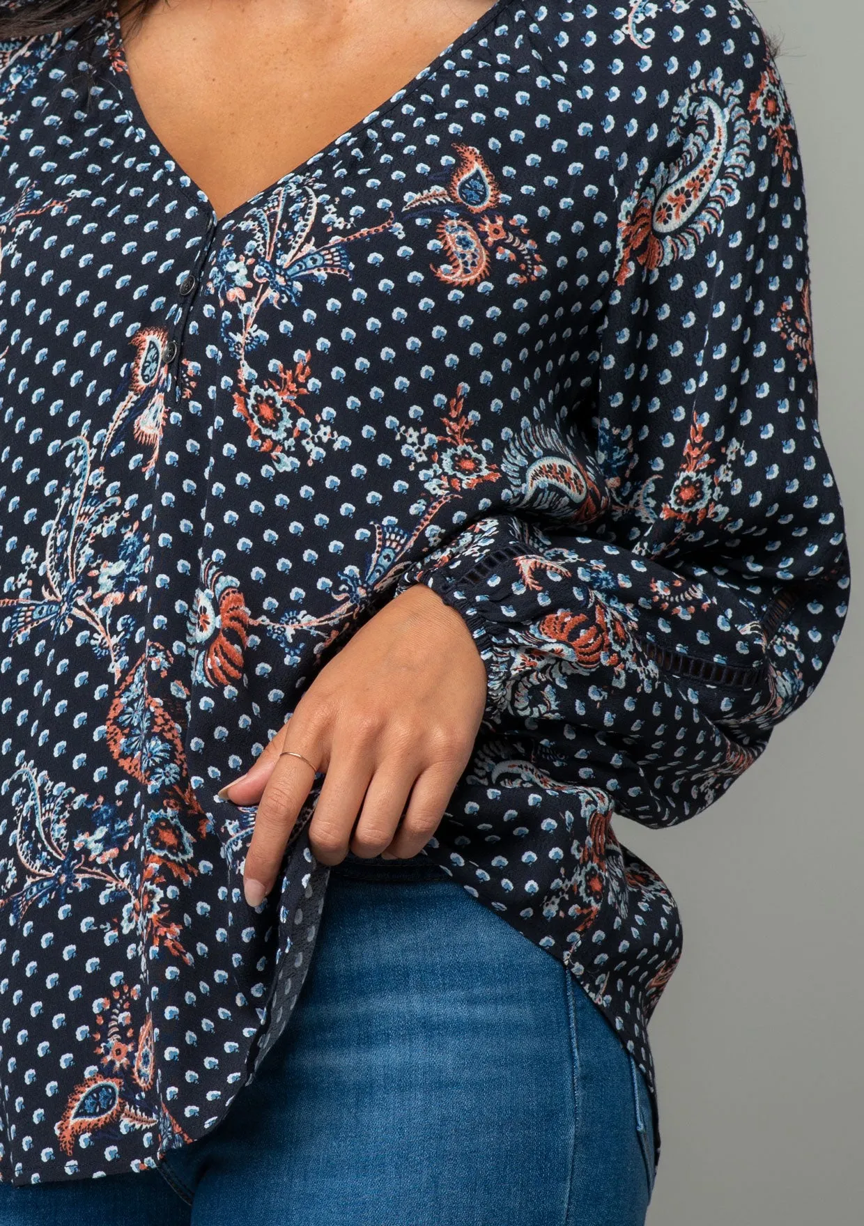 Paisley Dot Long Sleeve V Neck Blouse
