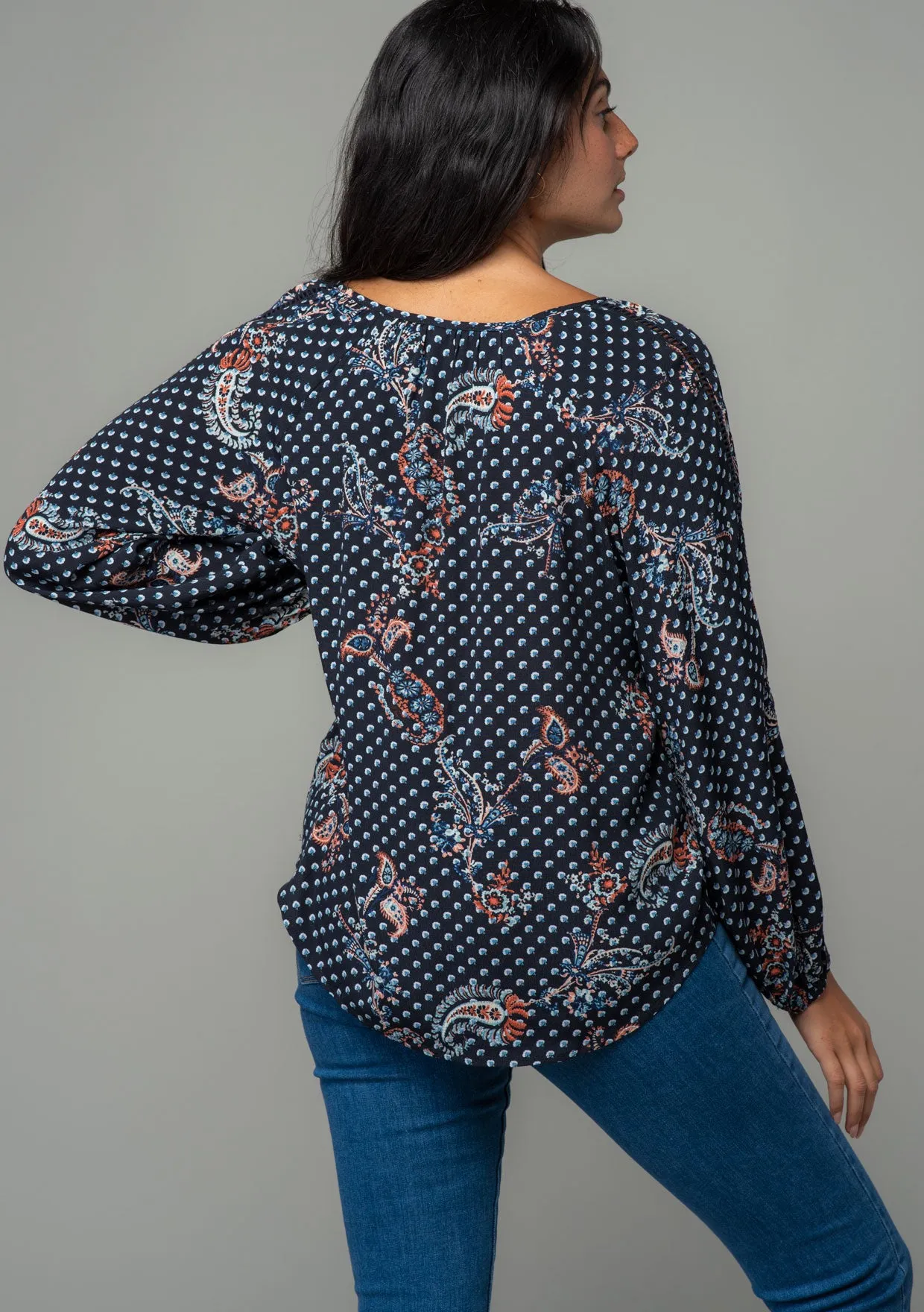 Paisley Dot Long Sleeve V Neck Blouse